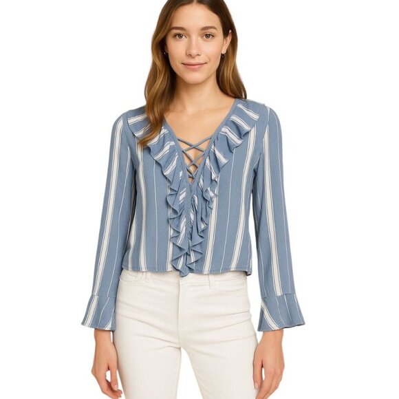 AMERICAN EAGLE Blue & White Striped Lace-up Ruffled Top - Size Small - Picture 1 of 9